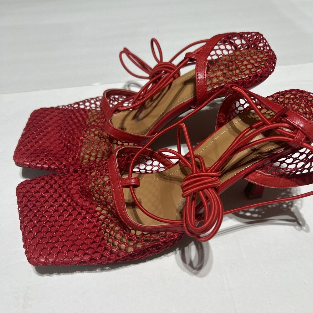 Women's Red Mesh Lace Up Heels Size 10 EU 41 Square Toe Strappy 3" Stiletto - Picture 5 of 8